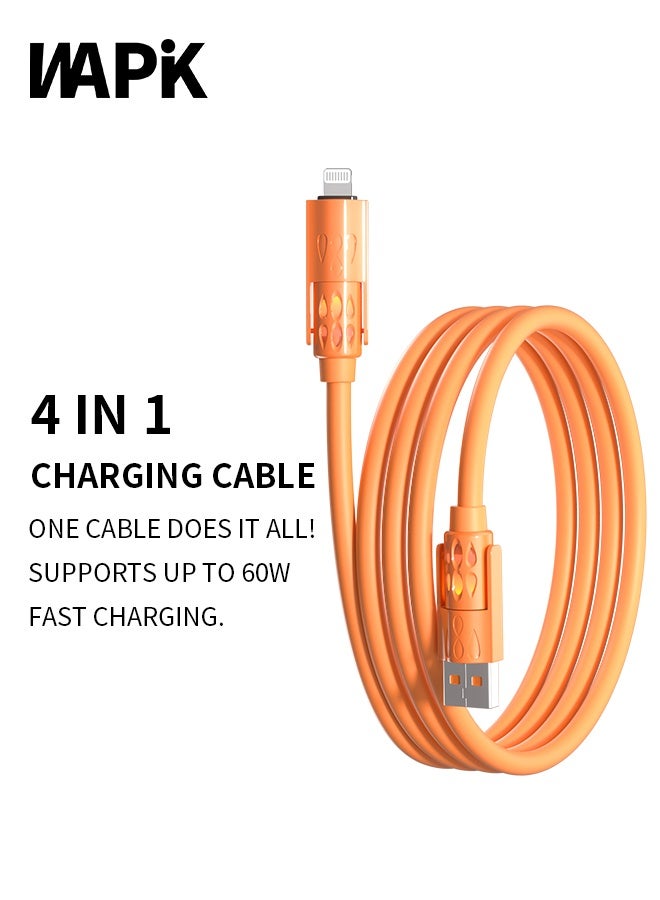 وابيك كابل شحن سريع 4 في 1 من علامة كورية، قوة 60 واط، USB-A و Type-C إلى Type-C / Lightning، سيليكون سائل، نقل بيانات 480Mbps، برتقالي - Image 1